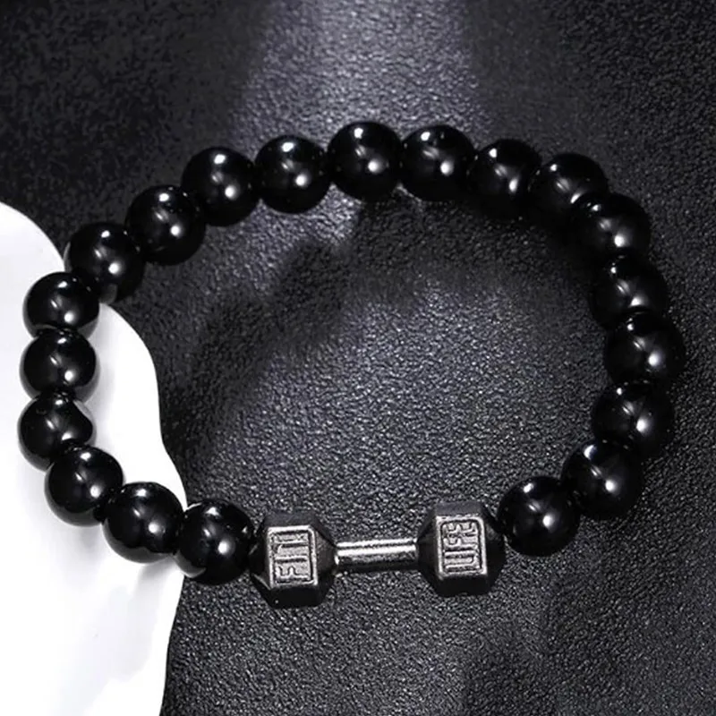 Bangle Bracelet Stone Bracelet Beaded Bracelet Bead Bracelet Men Bracelet Dumbbell Decor Vintage Matte Finish Handmade Elastic Decoration Accessory Round Loose Stone Beads Bracelet Jewelry