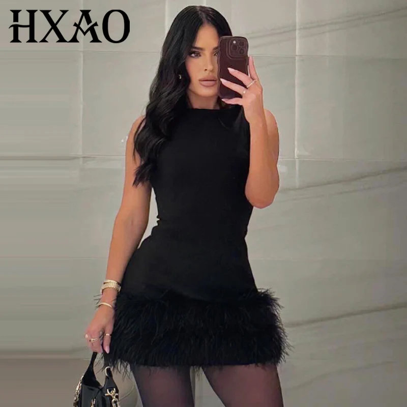 HXAO Black Feather Dress Womens Dresses Autumn 2025 Elegant Party Dresses Mini Elastic Sleeveless Sundress Chic Evening Vestidos S034f60c004d140afb54d4bc7ec7bcbbaQ