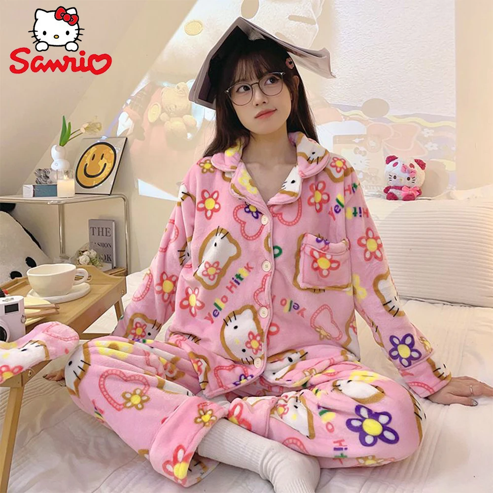 

Kawaii Sanrio, Hello Kitty Женская бархатная Пижама кораллового цвета Женская осенне-зимняя аниме свободная Милая утепленная теплая домашняя одежда