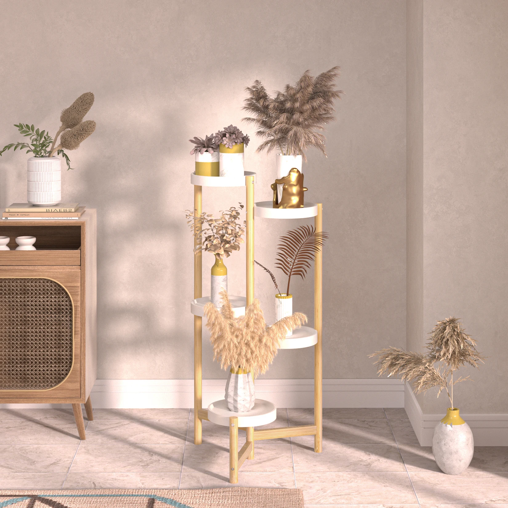 Bamboo Plant Stands Indoor, 5 Tier Tall Corner Plant Stand Holder & Display Rack for Outdoor Garden Indoor Home