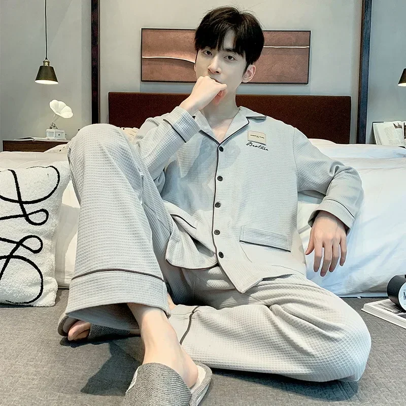 Men's Pajamas Long Sleeve Cardigan Set Simple Loose Sleepwear Plus Size  Loungewear in Spring Autumn and Winter