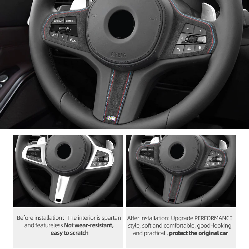 BMW G20 G30 F40 G21 G28 G11 G12 Z4 G32 알칸타라 스티어링 휠 버튼 트림 스티커 자동차 실내 튜닝 액세서리