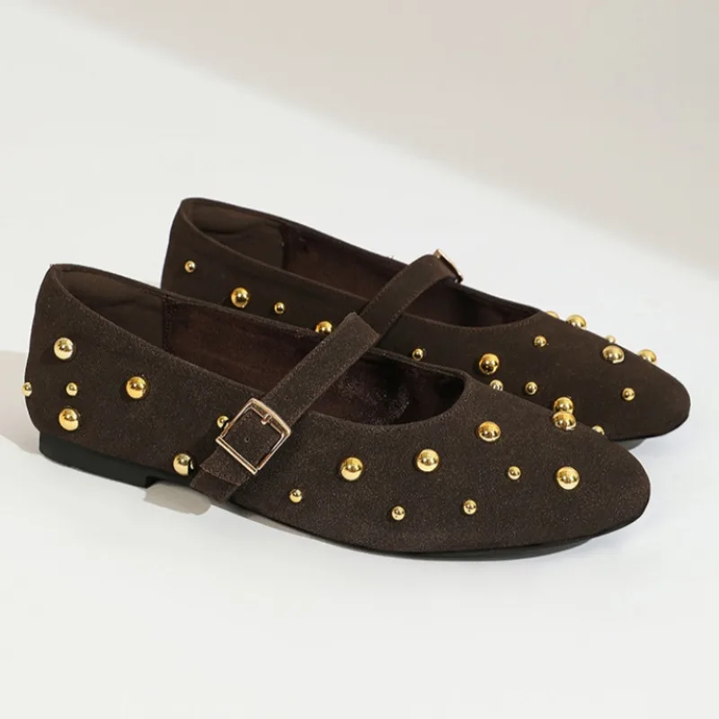 2025 Summer Brand Mary Jane Shoes for Women Fashion Rivet Suede Classic Retro Brown Casual Soft Bottom Comfortable Ladies Flats 4