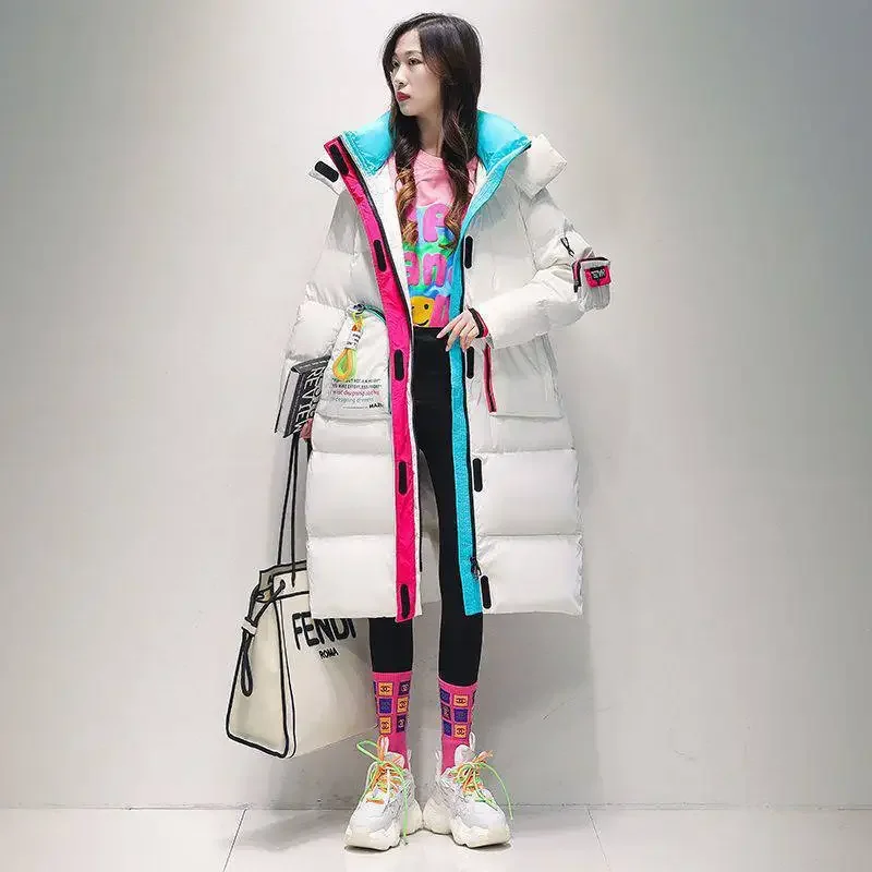 thumbnail image 1 of Abrigos de invierno para mujer, chaqueta de plumón de pato blanco al 90 %, combinación de colores largos, abrigos cálidos con capucha para mujer, sueltos y de moda, 1 of 5