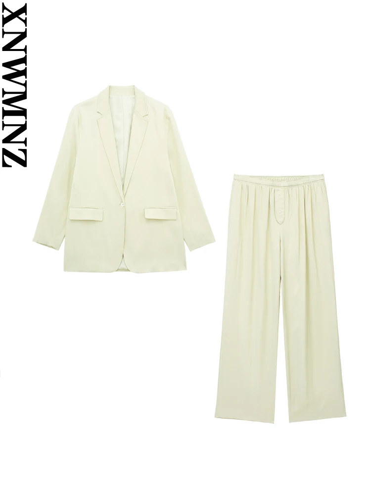 

XNWMNZ 2023 Women fashion satin blazer or satin elastic waist pyjama-style trousers office lady chic female two-piece set