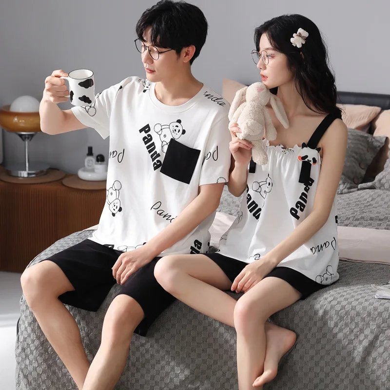 Cotton Men's Sleepwear Summer Short Sleep Top & Shorts Korean Fashion Women Pajamas Set Nightdress Sweet Pijamas Mujer Hombre