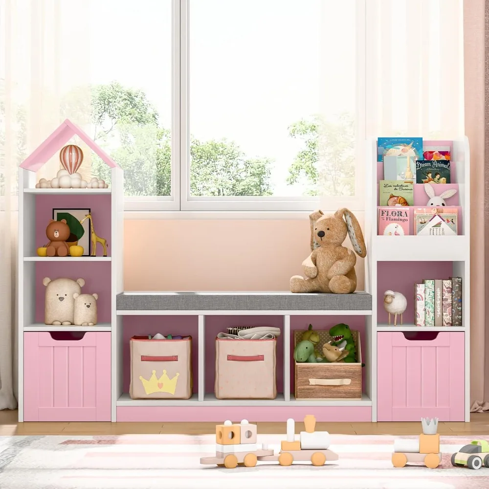 Kids Bookcase with Reading Nook, 7 Storage Cubbies & 2 Drawers, Toy Organizer with Seat Cushion for Playroom