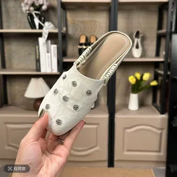 Women's Studded Leather Mule Slides, Square Toe Slip-on Casual Shoes, Comfortable Footwear for Office Daily Wear 1