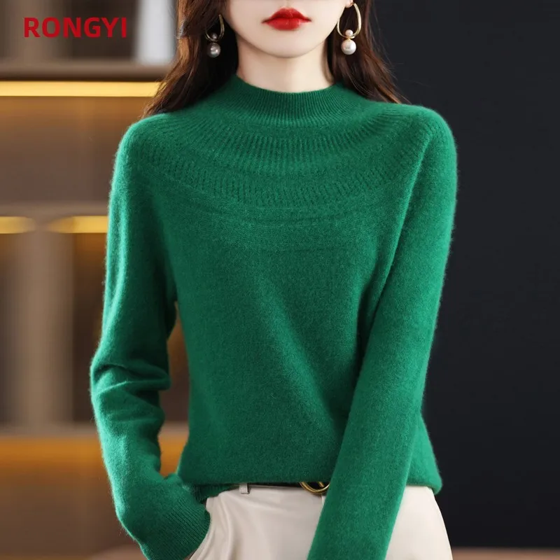 

RONGYI Cashmere Sweater Women Autumn Winter Seamless Connection Half High Collar Pure Wool Knitting Pullover Hollow Loose Jumper