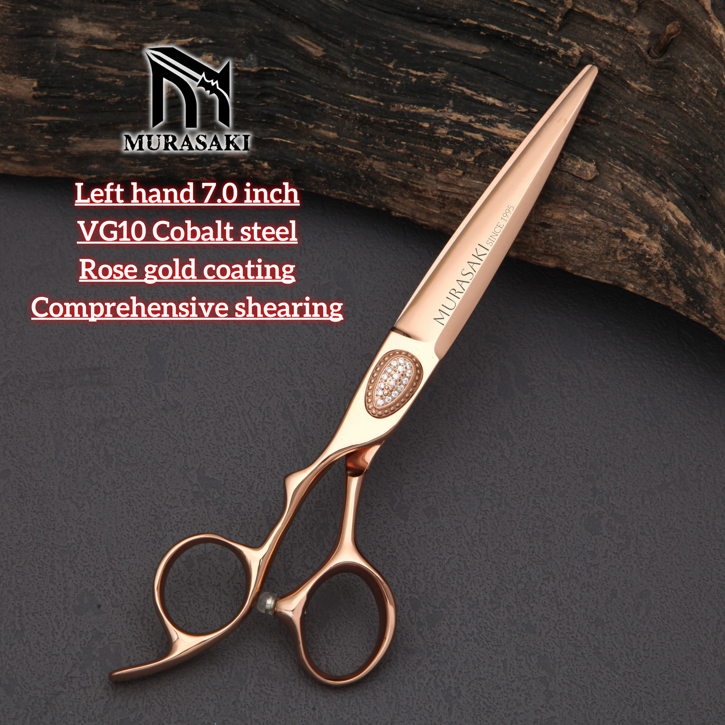 MURASAKI 전문가용 왼손 가위, 6.0-7.0인치 로즈 골드 코팅 이발사 가위, 최고급 VG10 강철 헤어 커팅 도구