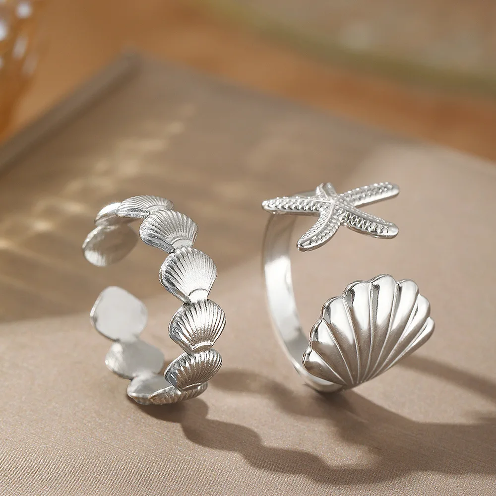 2pcs/Lot Stainless Steel Creative Starfish Shell Rings Waterproof Adjustable Open Ring For Women Seabeach Jewelry Party Gifts 3