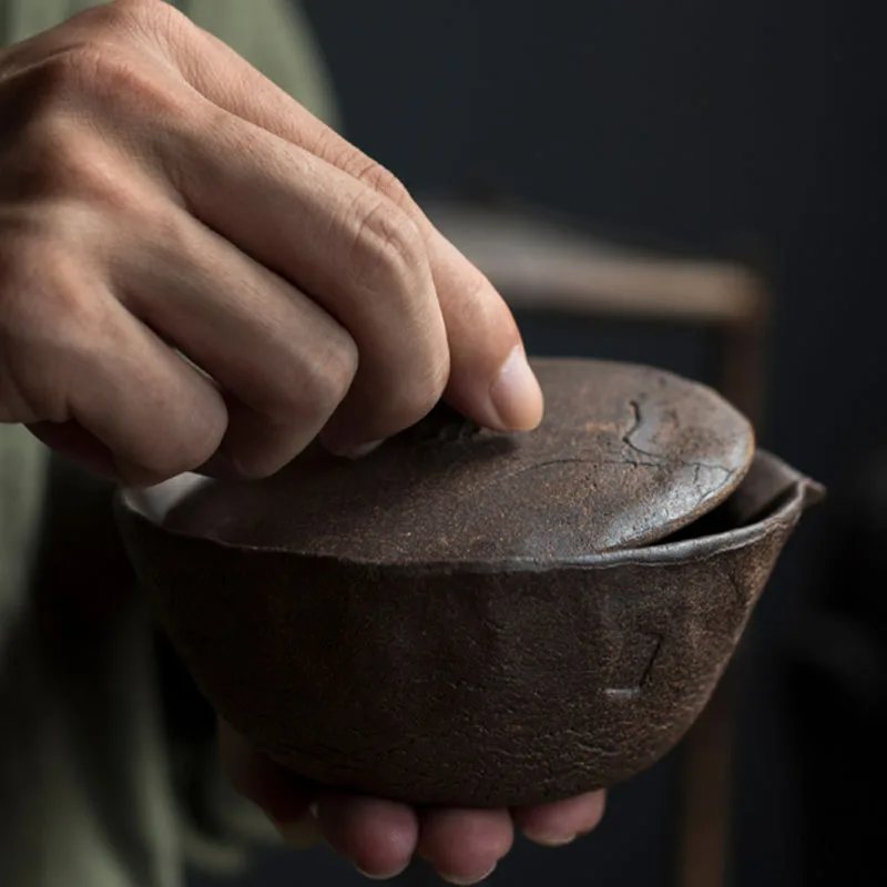 Japanese Art Retro Stoneware Covered Bowl Ceramic Single Large Home Office Tea Bowl Hand Grab Pot Modern Tea Making Accessories