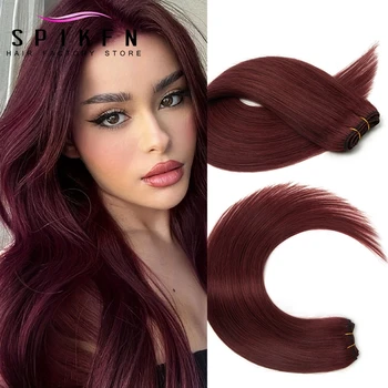 Straight Burgundy Human Hair Bundles Extension 12"-24" Real Natural Sewing in Human Hair Weft Wine Red 99J Double Weft 50g