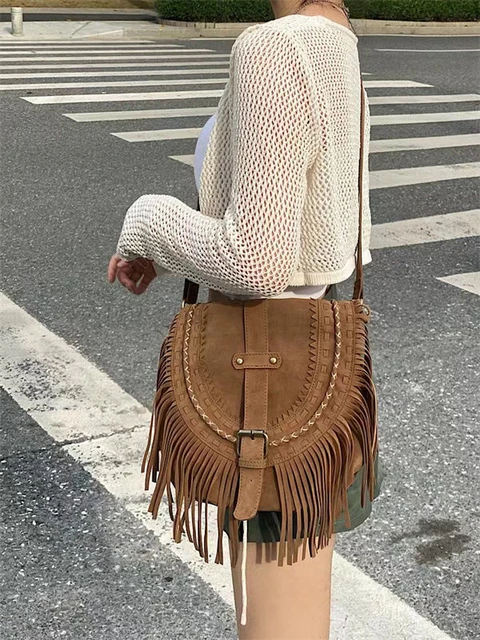 Handmade Suede Shoulder Bag Tassel Bag Fringed Bohemian Handbag for Women  Summer