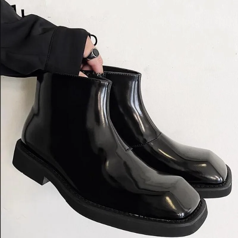 

Vintage Zipper Boots for men Patent leather Shinny Zipper Chelse Boots Mens Western Shoes