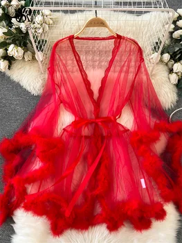 SINGREINY Female Sheer Shapewear Robes Fashoin Long Sleeve Plush Spliced Thin Lingerie Women Lace Up Erotic Midi Long Sexy Robes 1