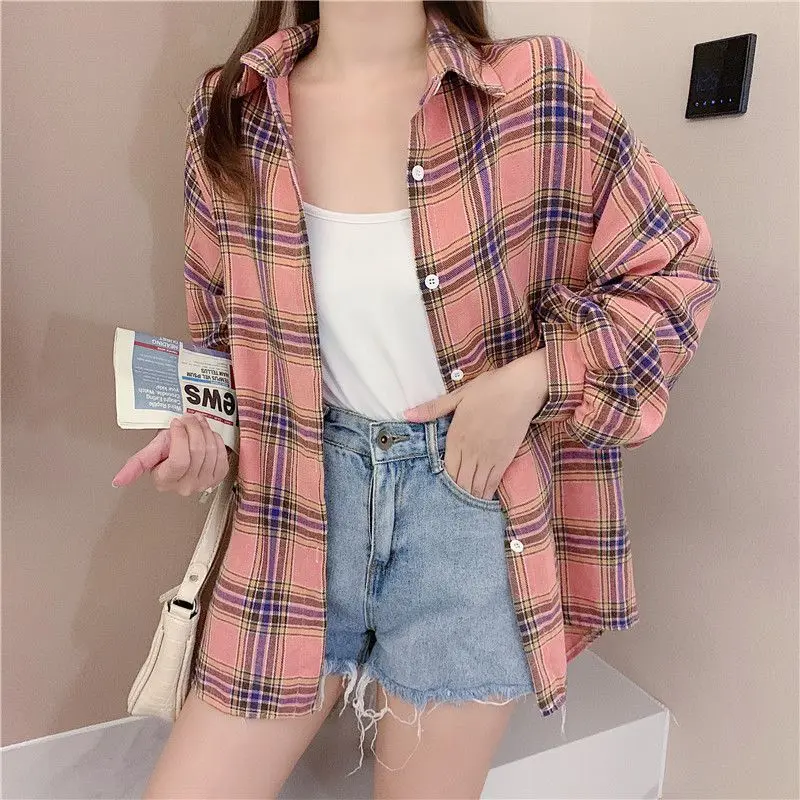 Preppy Style Plaid Button-Down Shirts Women Elegant Blouses Cotton Oversize Long Sleeve Tops Summer 2023 Fashion Ladies Clothing