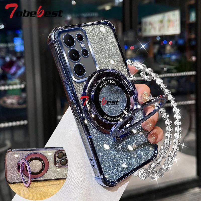 Shockproof Glitter Crystal Bracelet Phone Holder Case with Plated Design