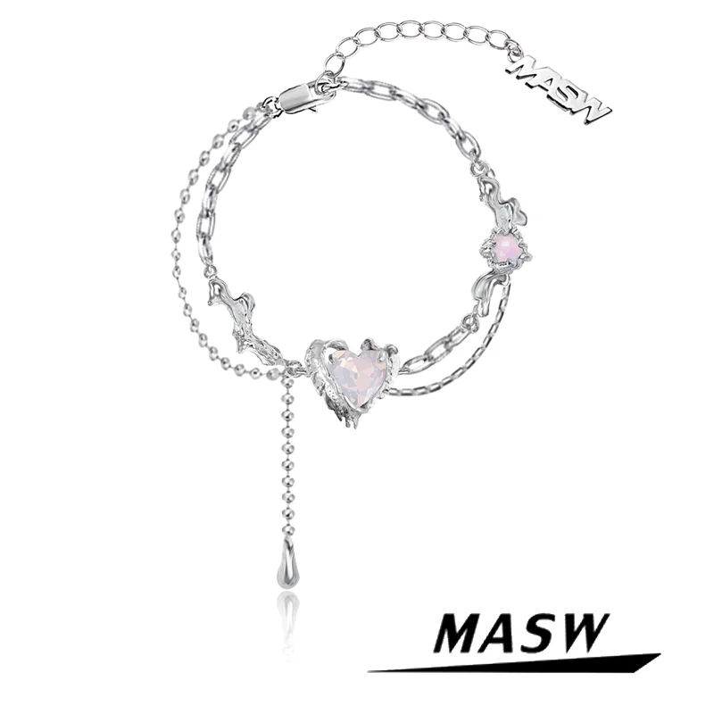 

MASW Original Design Pretty Style Thick Silver Plated Pink Heart Charm Bracelet For Women Girl Gift Hot Sale Fashion Jewelry