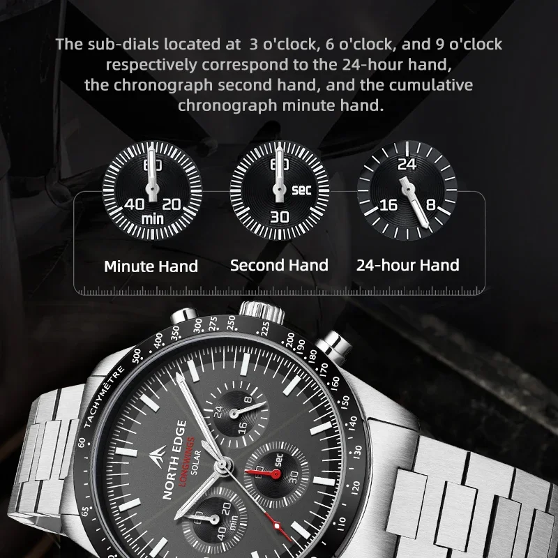 NORTH EDGE 2025 LONGWINGS Men Quartz Watch Solar Powered Stopwatch Waterproof 50M 316 Full Stainless Steel Luminous Pilot Watch 6