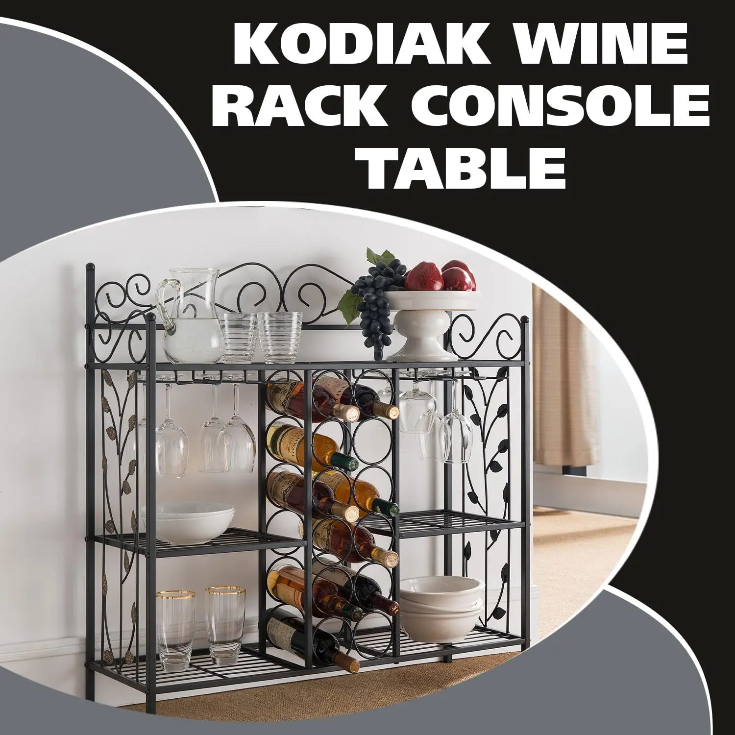 Metal Console Table Wine Rack, Liquor Bar Cabinet with Glass Holder, Sofa Table with Storage Shelves