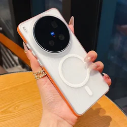 Matte Transparent Ice Mist Corrugated Stripe Phone Case with Magnetic Nonslip Bumper Cover for Vivo X200 Pro (Orange)