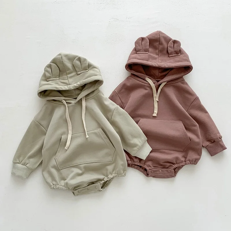 Spring and Autumn 0-3 Year Old Newborns Romper Solid Color Long sleeved Hooded Girls' jumpsuit Simple Boys' jumpsuit baby bodysuit cotton romper