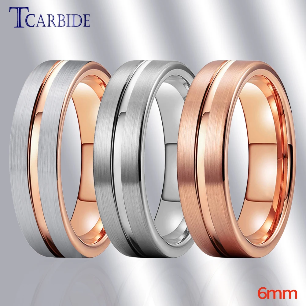 NUNCAD Brown & Rose Gold Tungsten Carbide Ring - 8mm Wide, Center Groove, Comfort Fit - View #2
