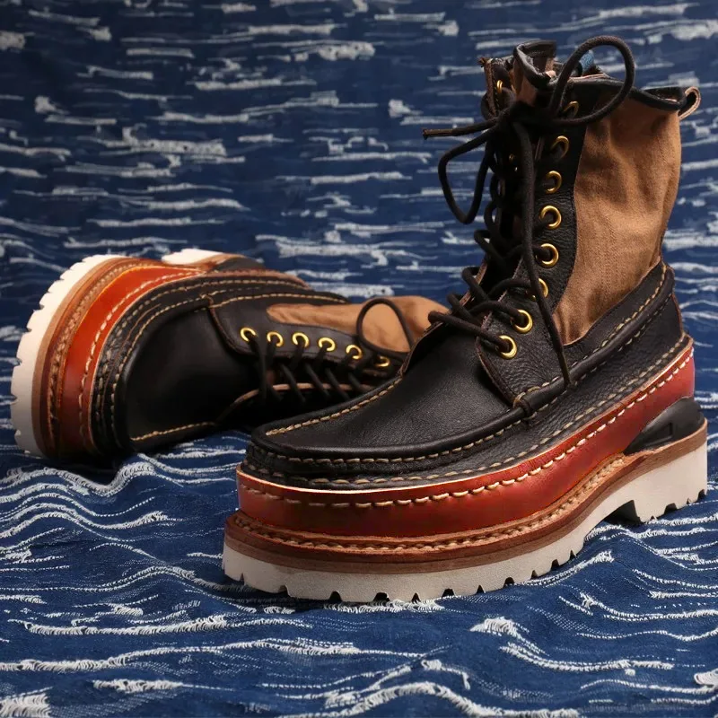 High Quality Handmade Mens Boots Retro Patchwork Genuine Leather Work Boots Men Lace Up Canvas High Top Shoes Size 45 46