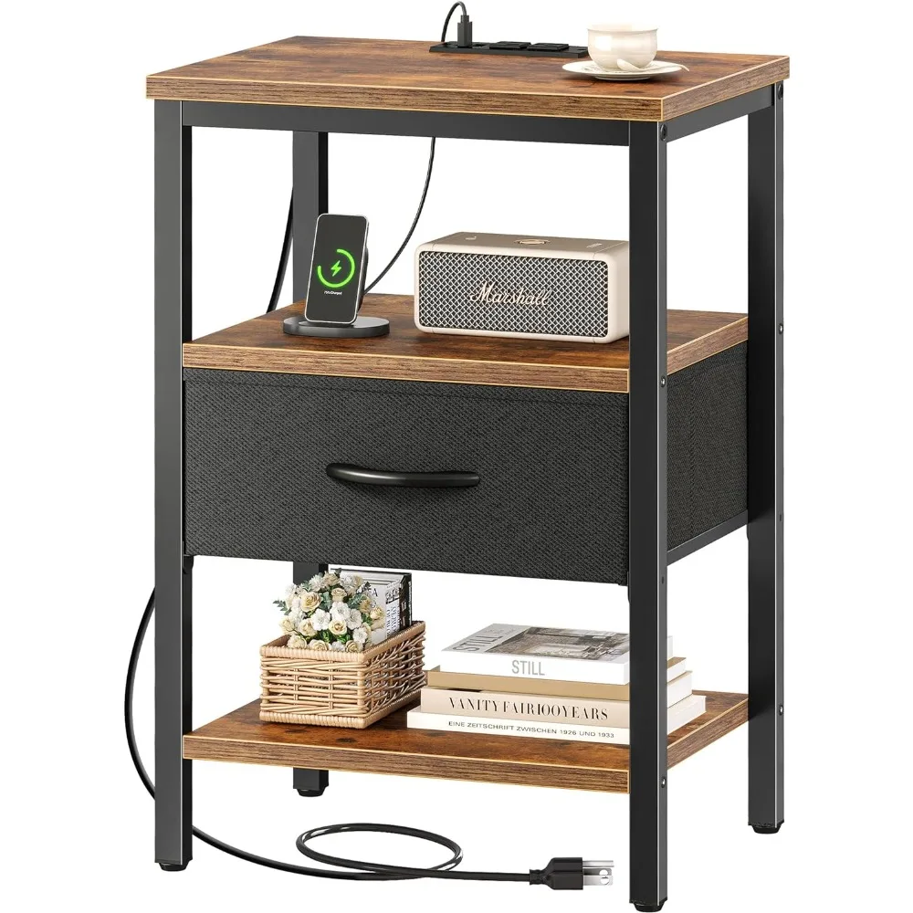 

Modern Nightstand with Drawers and 2-Tier Shelf, Large Drawer and Storage Shelf, Solid Wood Legs, Tall Night Stand