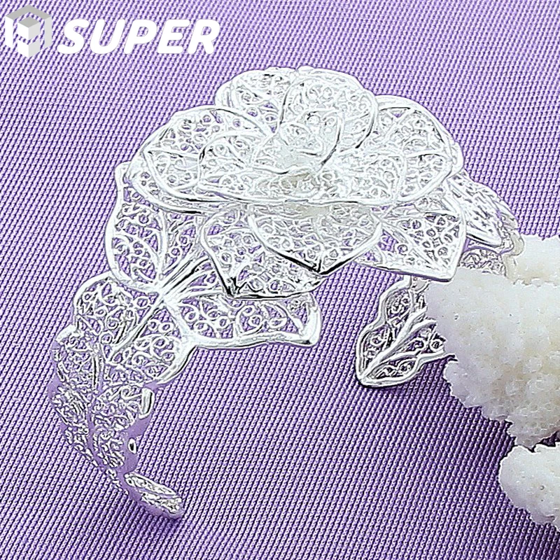 

925 Sterling Silver Big Flowers Bangle Bracelet For Woman Wedding Engagement Fashion Charm Party Jewelry