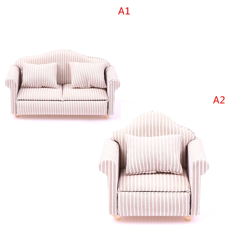 Miniature Dollhouse Sofa with Pillow - Pretend Play Living Room Decor