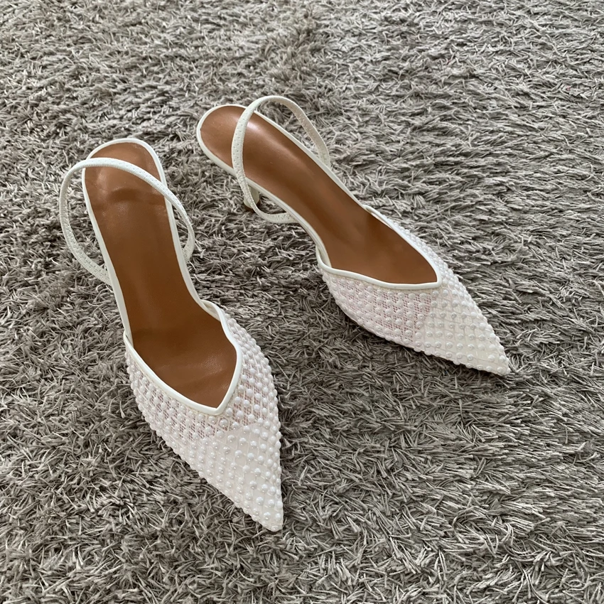 Mesh Marken-Sandalen Damen Pumps Spitze Elegante Slingback High Heels Damen Perlenbesetzte Designer Party Hochzeit Kleid Schuhe – Detail 3