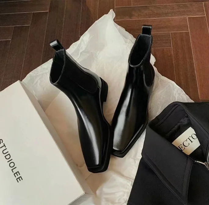Autumn/Winter New British Style Square Headed  Slim, Heels, Thick Sole, Genuine Leather Short Boots for_voghion.com