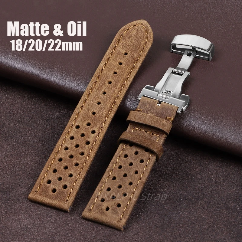 Breathable Cowhide Watch Strap with Matte & Oil Wax Finish and Butterfly Buckle