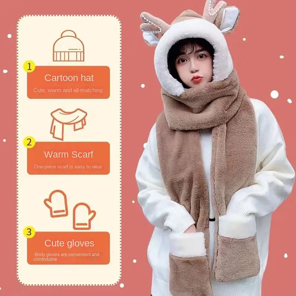 

Winter Hat Scarf Gloves Set Convenient Brimless Cute Pearl Antlers Warm Scarf Ear Protection Hat Daily Wear