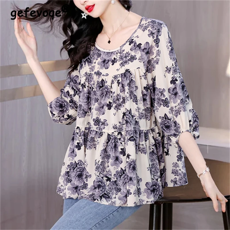 

Women Korean Fashion Floral Print Ruffled Blouse Elegant Temperament Short Sleeve Shirts Casual O Neck Loose Tops Vintage Blusas