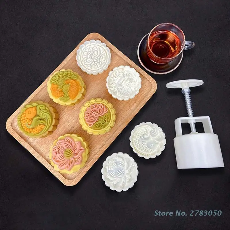 

100g DIY 3D Mooncake Moulds Mooncake Stamps Press Safe Moon Cake Accessories Lotus & Carp Shaped for Mid-Autumn Festival