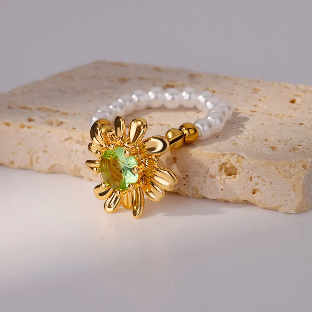 Stainless Steel Pearl & Green Zircon Flower Rings For Women