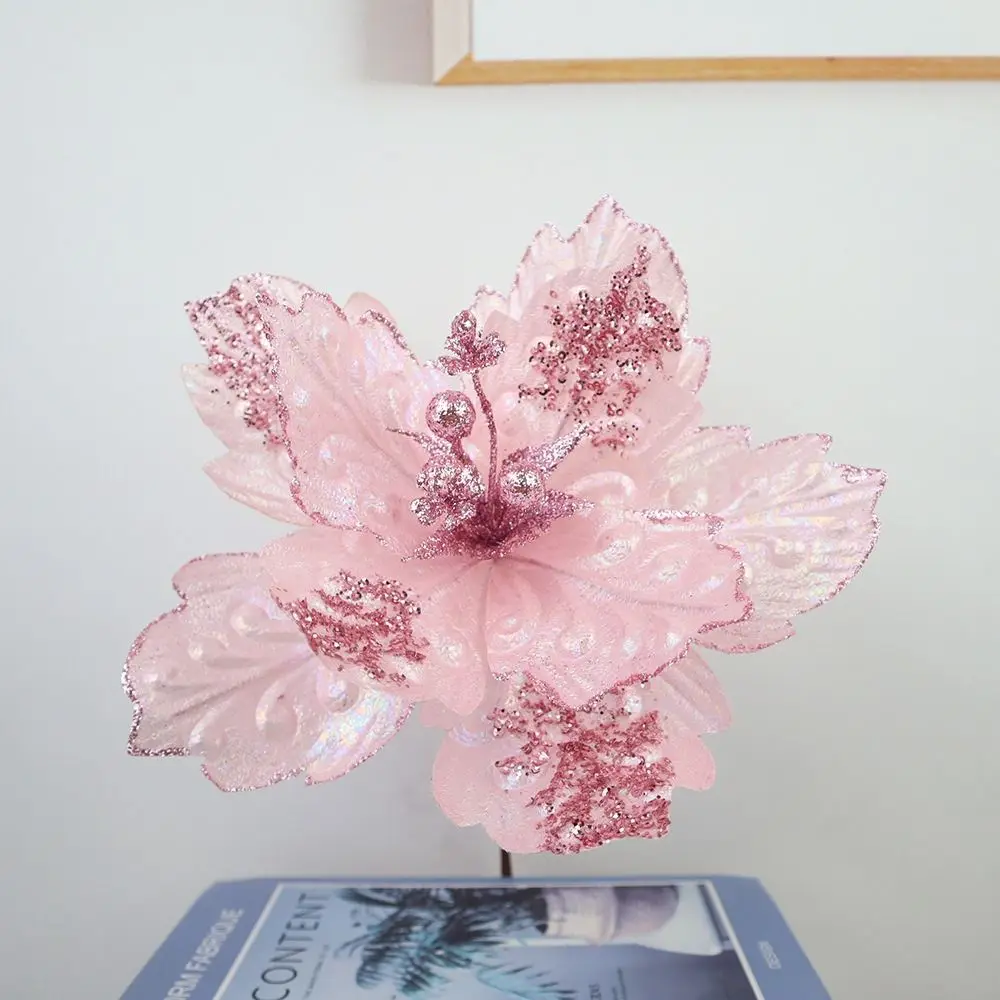 New 25CM Artificial Silk Flower Pink Sequin Fabric Flower Arrangement Ins Style Silk Decorating Flowers Christmas Tree