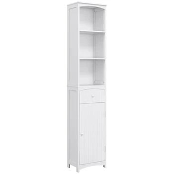 Homcom Bathroom Storage Cabinet, Free Standing Bathroom Storage Unit, Tall Linen Tower with 3-Tier Shelves and Drawer, White 1