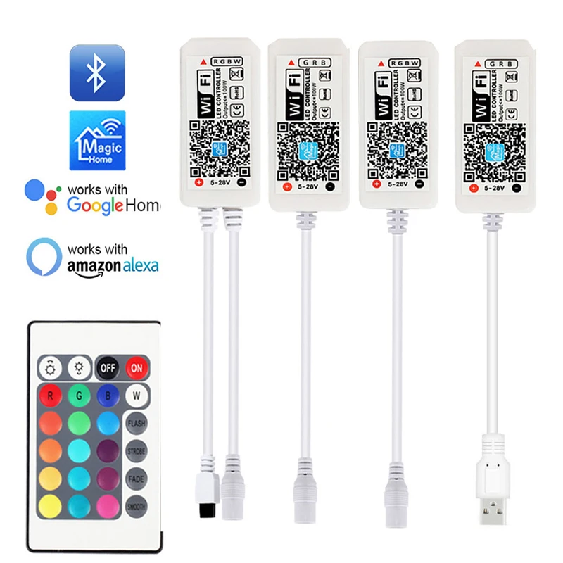

Светодиодный контроллер Magic Home с Wi-Fi, 5 В, 12 В, 24 В постоянного тока, 5050, 5630, 3528, RGB, RGBW, RGBWW, светодиодный диммер с 24-кнопочным пультом дистанционного управления для Alexa, Google