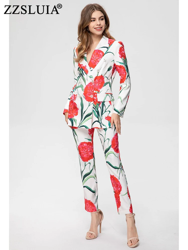 

ZZSLUIA Elegant Pants Suits Floral Printed Double Breasted Designer Blazers+ Trousers Twinset Fashion Outfit Female Clothing Set