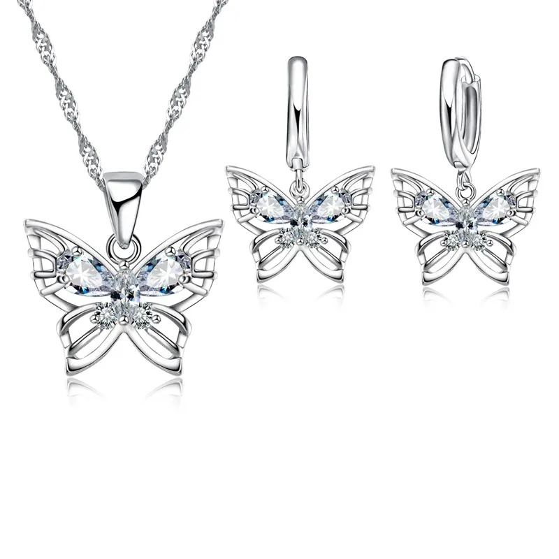 925 Sterling Silver Color Jewelry Sets Shining Austrian Crystal Inlaid Butterfly Wedding Pendant Necklace Earrings