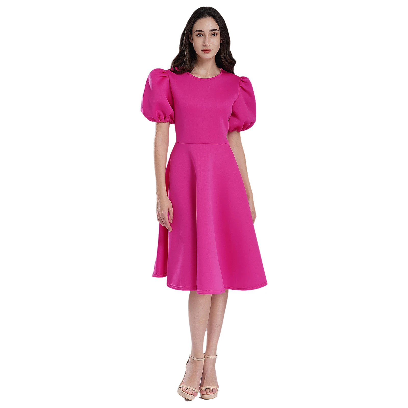

Elegant Womens Puff Sleeve Dress Fashion Solid Color Round Neck A-Line Flared Dresses for Evening Wedding Party Banquet