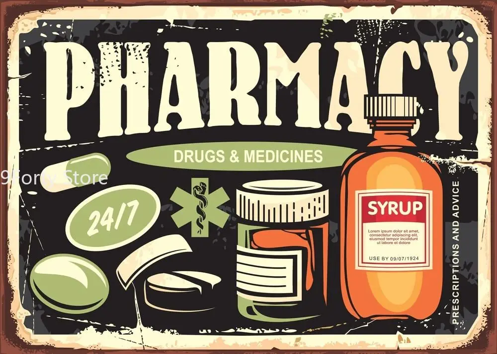 

Vintage Pharmacy Tin Sign Pharmacy Medicines Drugs Metal Tin Signs Poster Wall Decor for Bedroom Garden Bar Cafe Home Garage8x12