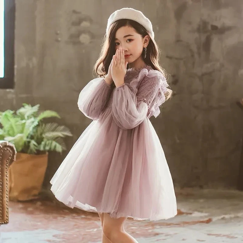 

Spring Autumn Girls Dress Lantern Sleeve Lace Mesh Pearl Sweet Fashion Little Princess Dress 3-12 Years Christmas Kids Clothes