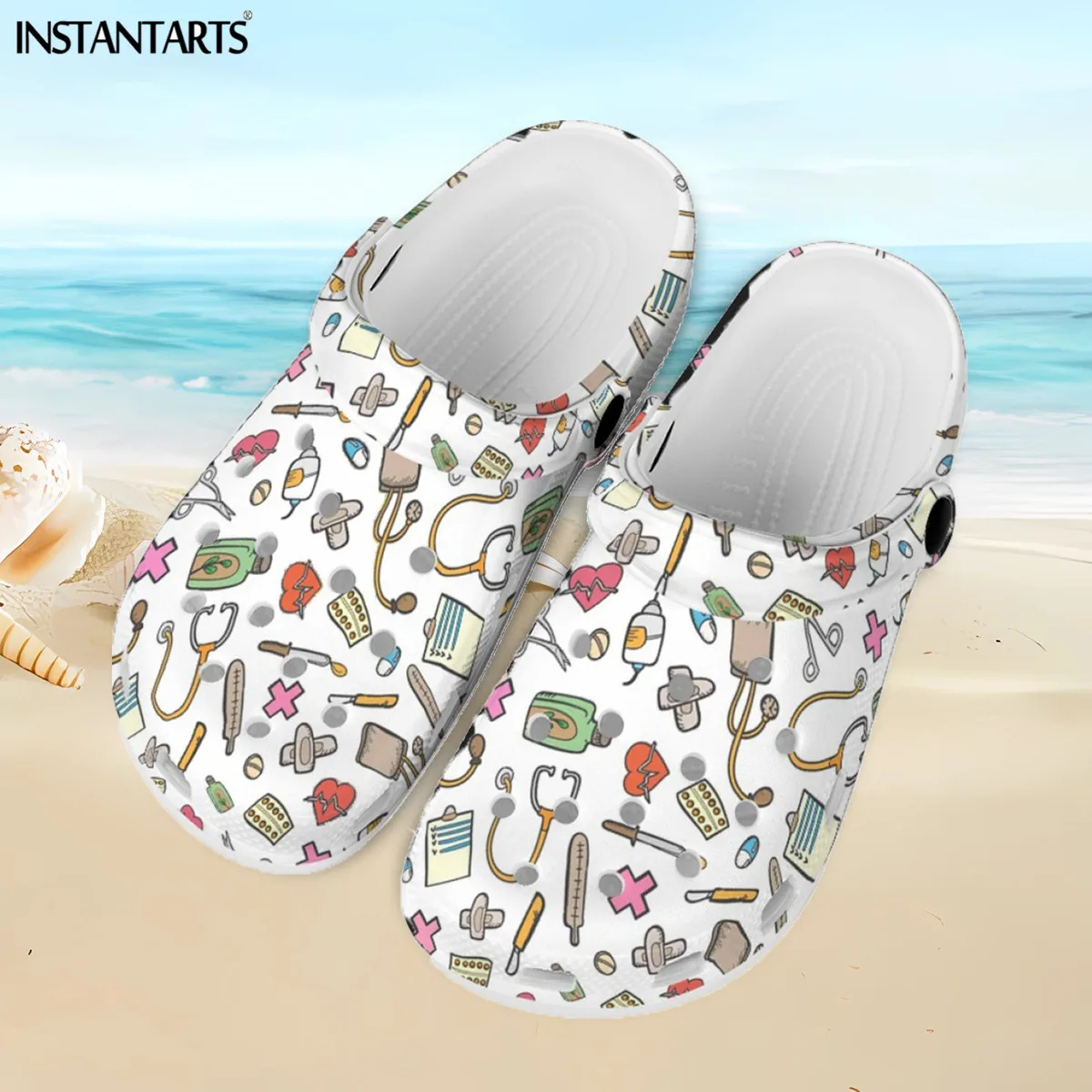 

INSTANTARTS Nuring Shoes for Women Men Lightweight Home Slippers Medical Care Print Unisex Flats Casual Hole Shoes Beach Sandals