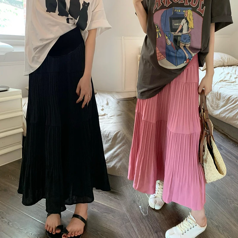 1142# Summer Fashion Ruching Patchwork Maternity Long Skirts Belly A Line Loose Clothes for Pregnant Women