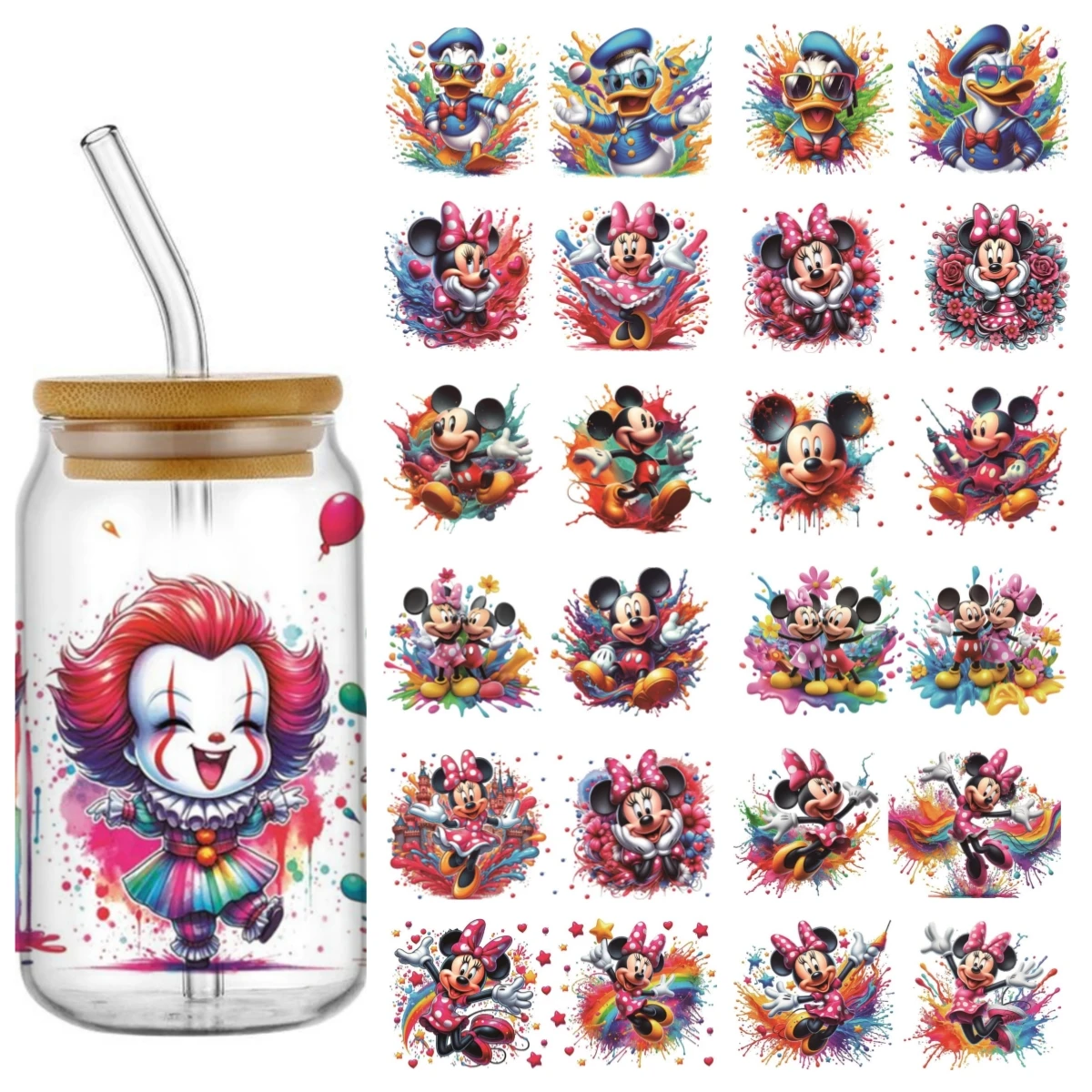 Gobelet Verre Personnalisé Clown & Disney avec Paille Bambou